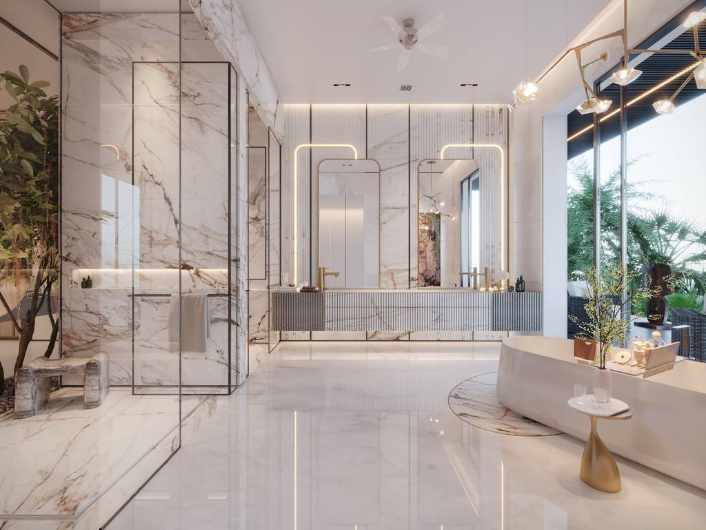 Luxurious modern marble bathroom with natural light